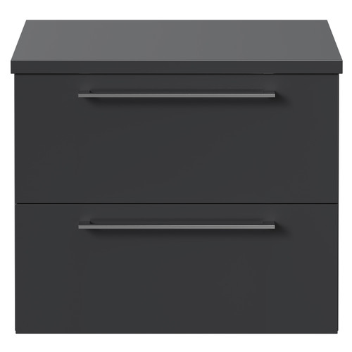 Napoli Gloss Grey 600mm x 390mm Wall Mounted Vanity Unit for Countertop Basins and 2 Drawers with Chrome Handles Front View