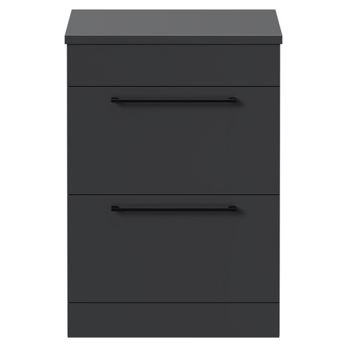 Napoli Gloss Grey 600mm x 390mm Floor Standing Vanity Unit for Countertop Basins and 2 Drawers with Matt Black Handles Front View