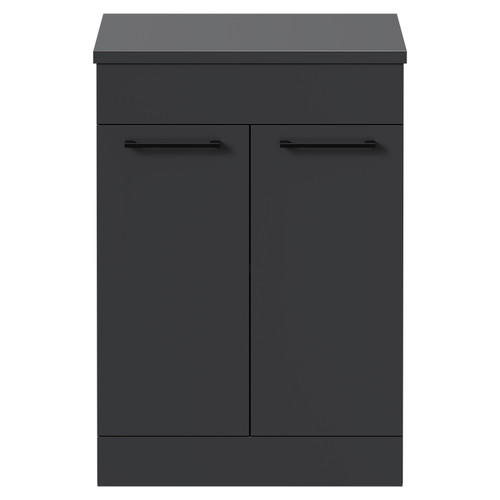 Napoli Gloss Grey 600mm x 390mm Floor Standing Vanity Unit for Countertop Basins and 2 Doors with Matt Black Handles Front View
