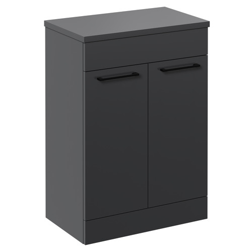 Napoli Gloss Grey 600mm x 390mm Floor Standing Vanity Unit for Countertop Basins and 2 Doors with Matt Black Handles Left Hand View