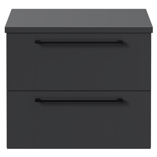 Napoli Gloss Grey 600mm x 390mm Wall Mounted Vanity Unit for Countertop Basins and 2 Drawers with Matt Black Handles Front View
