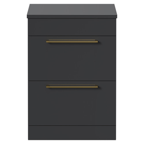 Napoli Gloss Grey 600mm x 390mm Floor Standing Vanity Unit for Countertop Basins and 2 Drawers with Brushed Brass Handles Front View