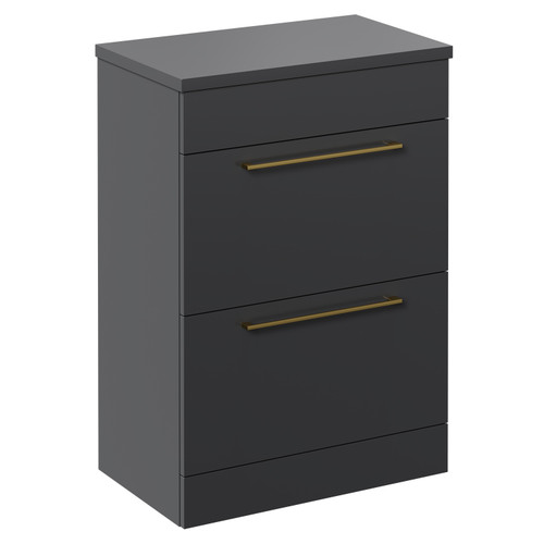 Napoli Gloss Grey 600mm x 390mm Floor Standing Vanity Unit for Countertop Basins and 2 Drawers with Brushed Brass Handles Left Hand View