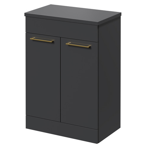 Napoli Gloss Grey 600mm x 390mm Floor Standing Vanity Unit for Countertop Basins and 2 Doors with Brushed Brass Handles Right Hand View