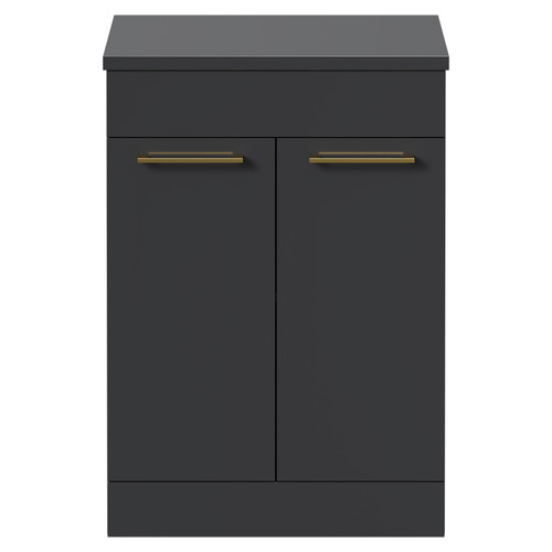 Napoli Gloss Grey 600mm x 390mm Floor Standing Vanity Unit for Countertop Basins and 2 Doors with Brushed Brass Handles Front View