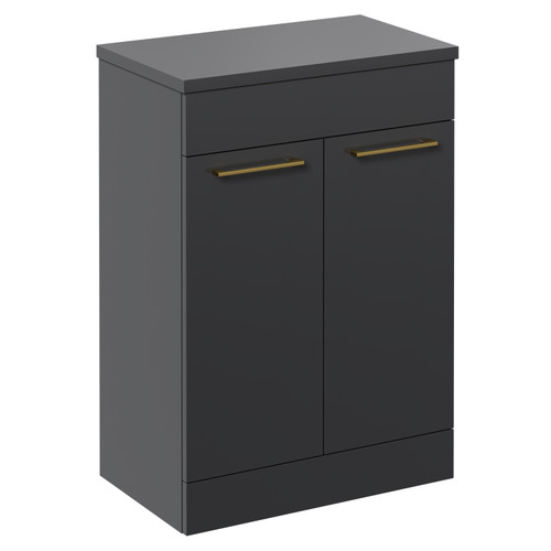 Napoli Gloss Grey 600mm x 390mm Floor Standing Vanity Unit for Countertop Basins and 2 Doors with Brushed Brass Handles Left Hand View