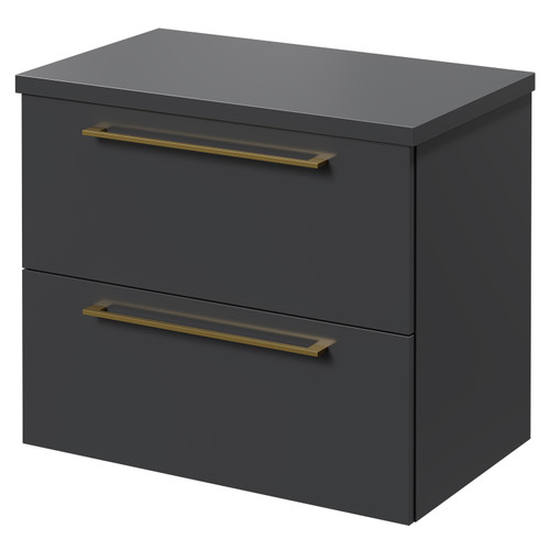 Napoli Gloss Grey 600mm x 390mm Wall Mounted Vanity Unit for Countertop Basins and 2 Drawers with Brushed Brass Handles Right Hand View