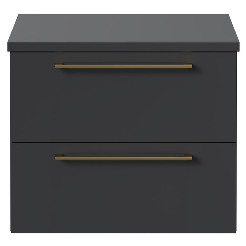 Napoli Gloss Grey 600mm x 390mm Wall Mounted Vanity Unit for Countertop Basins and 2 Drawers with Brushed Brass Handles Front View