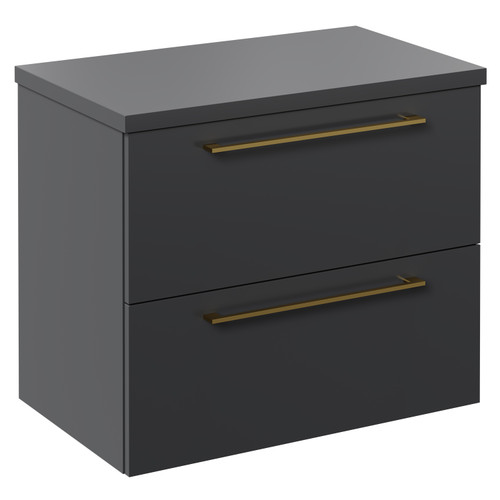 Napoli Gloss Grey 600mm x 390mm Wall Mounted Vanity Unit for Countertop Basins and 2 Drawers with Brushed Brass Handles Left Hand View