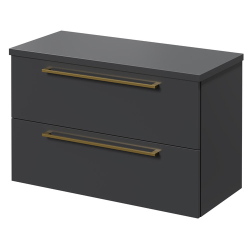 Napoli Gloss Grey 800mm x 390mm Wall Mounted Vanity Unit for Countertop Basins and 2 Drawers with Brushed Brass Handles Right Hand View