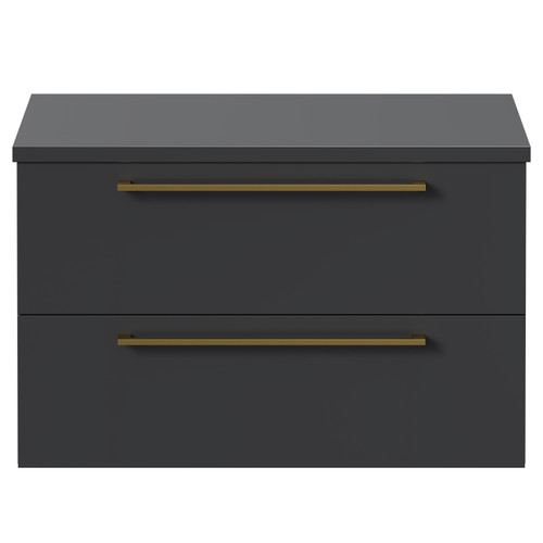 Napoli Gloss Grey 800mm x 390mm Wall Mounted Vanity Unit for Countertop Basins and 2 Drawers with Brushed Brass Handles Front View