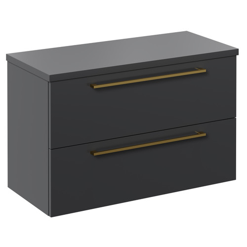 Napoli Gloss Grey 800mm x 390mm Wall Mounted Vanity Unit for Countertop Basins and 2 Drawers with Brushed Brass Handles Left Hand View