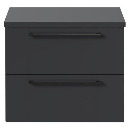 Napoli Gloss Grey 600mm x 390mm Wall Mounted Vanity Unit for Countertop Basins and 2 Drawers with Gunmetal Grey Handles Front View