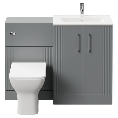 Avant Satin Grey 1100mm Floor Standing Vanity Unit Toilet Suite with Minimalist 1 Tap Hole Basin and 2 Doors with Polished Chrome Handles Front View