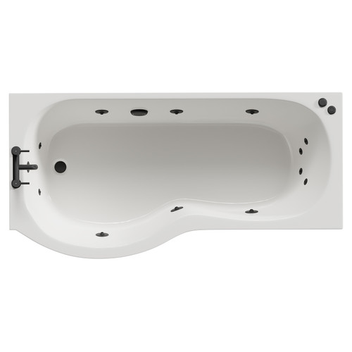Plage 1700mm 12 Jet Matt Black V-Tec Left Hand P Shaped Whirlpool Shower Bath with Front Bath Panel View from Top