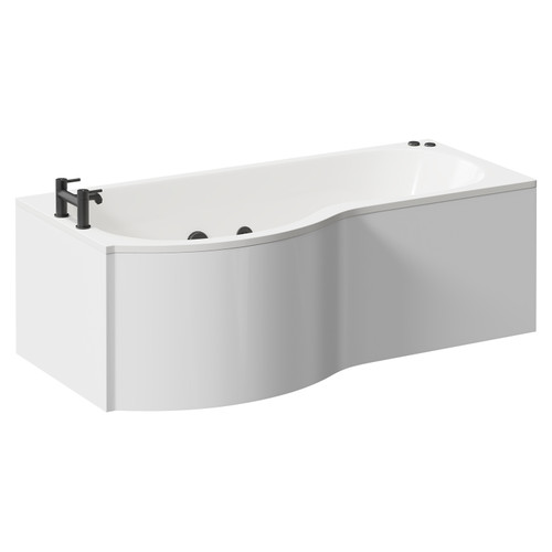 Plage 1700mm 12 Jet Matt Black V-Tec Left Hand P Shaped Whirlpool Shower Bath with Front Bath Panel Left Hand View