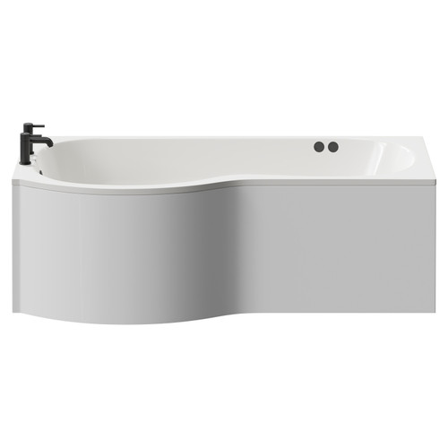 Plage 1700mm 12 Jet Matt Black Flat Jet Left Hand P Shaped Whirlpool Shower Bath with Front Bath Panel View from Front
