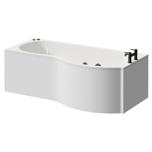 Plage 1700mm 12 Jet Matt Black V-Tec Right Hand P Shaped Whirlpool Shower Bath with Front Bath Panel Right Hand View