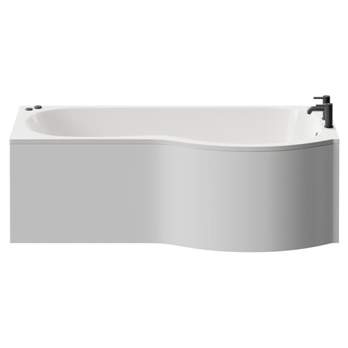 Plage 1700mm 12 Jet Matt Black V-Tec Right Hand P Shaped Whirlpool Shower Bath with Front Bath Panel View from Front
