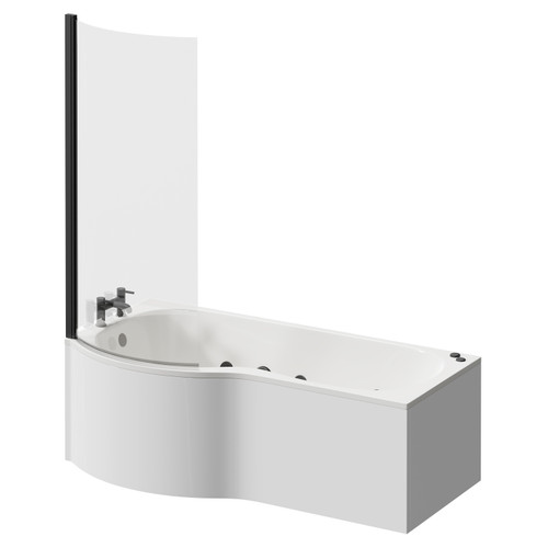 Plage 1700mm 12 Jet Matt Black V-Tec Left Hand P Shaped Whirlpool Shower Bath with Bath Screen and Front Bath Panel Right Hand View