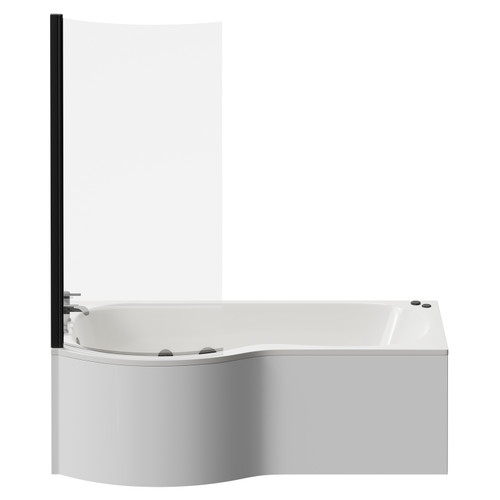 Plage 1700mm 12 Jet Matt Black V-Tec Left Hand P Shaped Whirlpool Shower Bath with Bath Screen and Front Bath Panel View from Front
