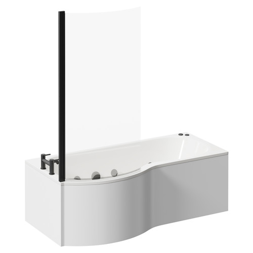 Plage 1700mm 12 Jet Matt Black V-Tec Left Hand P Shaped Whirlpool Shower Bath with Bath Screen and Front Bath Panel Left Hand View