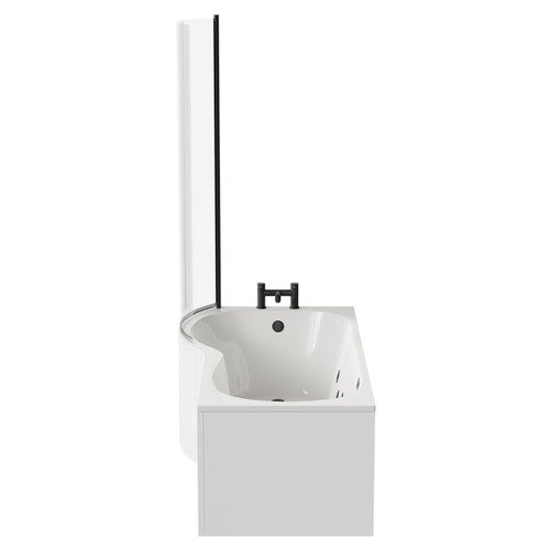 Plage 1700mm 6 Jet Matt Black Flat Jet Left Hand P Shaped Whirlpool Shower Bath with Bath Screen and Front Bath Panel Side View