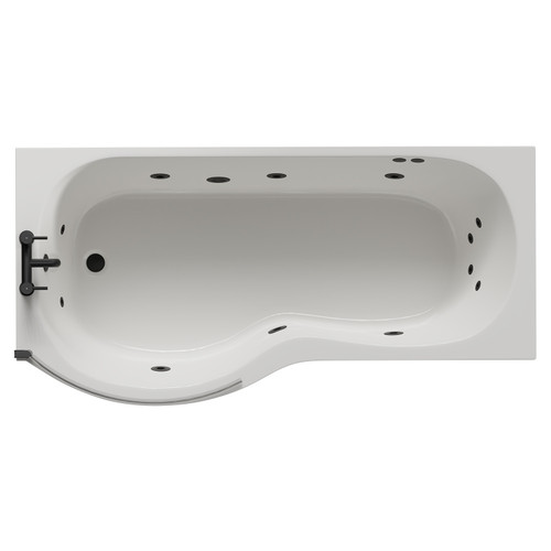 Plage 1700mm 12 Jet Matt Black Flat Jet Left Hand P Shaped Whirlpool Shower Bath with Bath Screen and Front Bath Panel View from Top