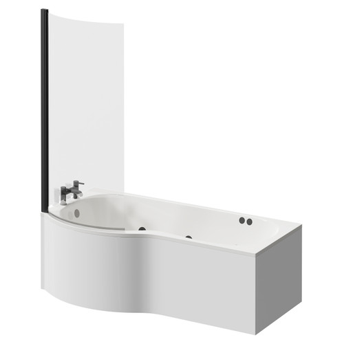 Plage 1700mm 12 Jet Matt Black Flat Jet Left Hand P Shaped Whirlpool Shower Bath with Bath Screen and Front Bath Panel Right Hand View