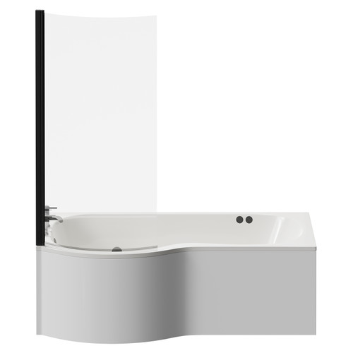 Plage 1700mm 12 Jet Matt Black Flat Jet Left Hand P Shaped Whirlpool Shower Bath with Bath Screen and Front Bath Panel View from Front