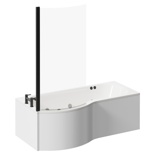 Plage 1700mm 12 Jet Matt Black Flat Jet Left Hand P Shaped Whirlpool Shower Bath with Bath Screen and Front Bath Panel Left Hand View