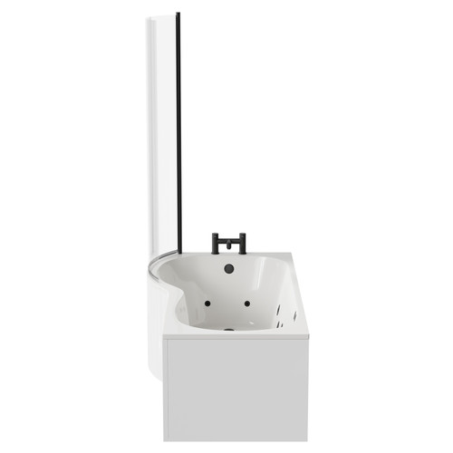 Plage 1700mm 12 Jet Matt Black Flat Jet Left Hand P Shaped Whirlpool Shower Bath with Bath Screen and Front Bath Panel Side View