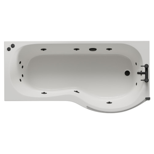 Plage 1700mm 12 Jet Matt Black V-Tec Right Hand P Shaped Whirlpool Shower Bath with Bath Screen and Front Bath Panel View from Top