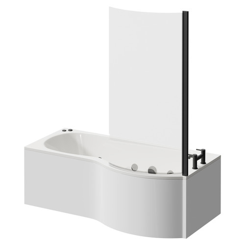 Plage 1700mm 12 Jet Matt Black V-Tec Right Hand P Shaped Whirlpool Shower Bath with Bath Screen and Front Bath Panel Right Hand View