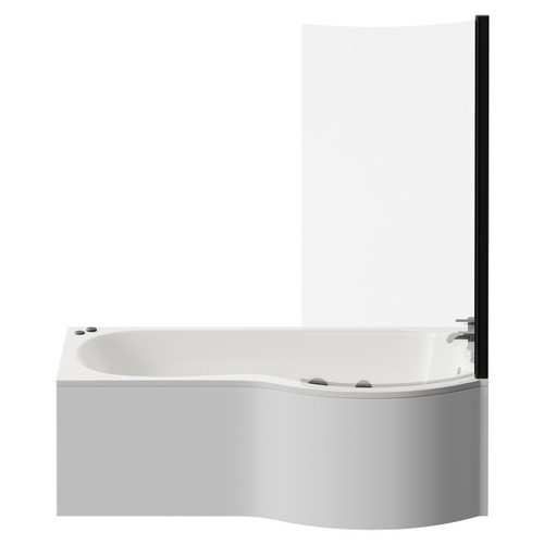 Plage 1700mm 12 Jet Matt Black V-Tec Right Hand P Shaped Whirlpool Shower Bath with Bath Screen and Front Bath Panel View from Front
