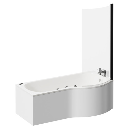 Plage 1700mm 12 Jet Matt Black V-Tec Right Hand P Shaped Whirlpool Shower Bath with Bath Screen and Front Bath Panel Left Hand View