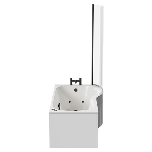 Plage 1700mm 12 Jet Matt Black V-Tec Right Hand P Shaped Whirlpool Shower Bath with Bath Screen and Front Bath Panel Side View
