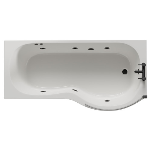 Plage 1700mm 6 Jet Matt Black Flat Jet Right Hand P Shaped Whirlpool Shower Bath with Bath Screen and Front Bath Panel View from Top