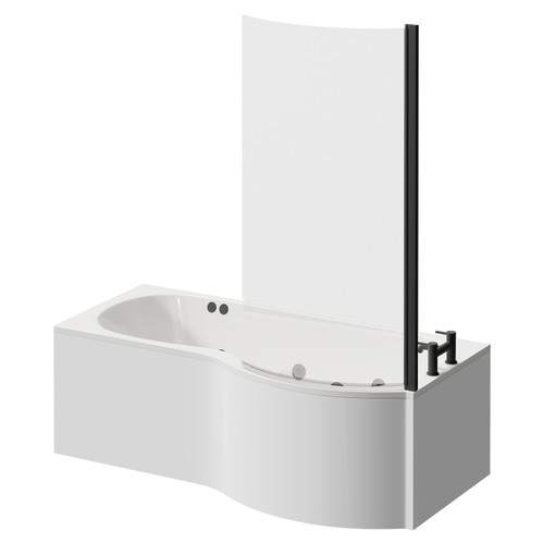 Plage 1700mm 6 Jet Matt Black Flat Jet Right Hand P Shaped Whirlpool Shower Bath with Bath Screen and Front Bath Panel Right Hand View
