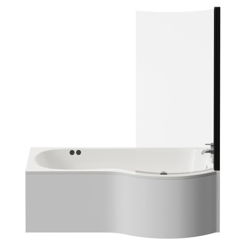 Plage 1700mm 6 Jet Matt Black Flat Jet Right Hand P Shaped Whirlpool Shower Bath with Bath Screen and Front Bath Panel View from Front