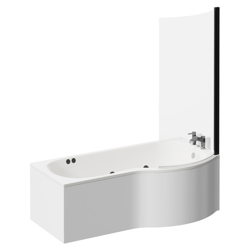 Plage 1700mm 6 Jet Matt Black Flat Jet Right Hand P Shaped Whirlpool Shower Bath with Bath Screen and Front Bath Panel Left Hand View