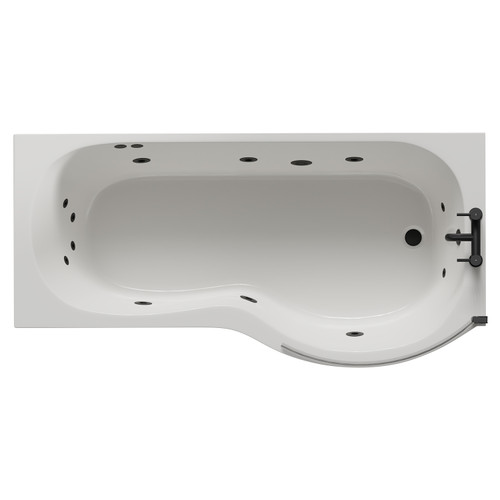 Plage 1700mm 12 Jet Matt Black Flat Jet Right Hand P Shaped Whirlpool Shower Bath with Bath Screen and Front Bath Panel View from Top