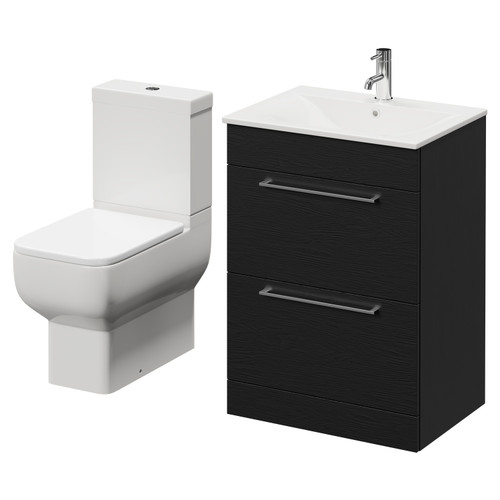 Napoli Nero Oak 600mm Vanity Unit and Toilet Suite including Tacoma Close Coupled Toilet and Floor Standing Vanity Unit with 2 Drawers and Chrome Handles Right Hand View