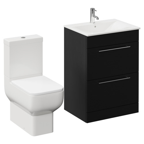 Napoli Nero Oak 600mm Vanity Unit and Toilet Suite including Tacoma Close Coupled Toilet and Floor Standing Vanity Unit with 2 Drawers and Chrome Handles Left Hand View