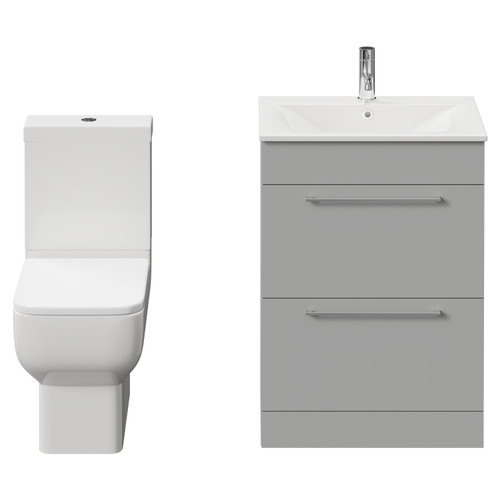 Napoli Gloss Grey Pearl 600mm Vanity Unit and Toilet Suite including Tacoma Close Coupled Toilet and Floor Standing Vanity Unit with 2 Drawers and Chrome Handles View from Front