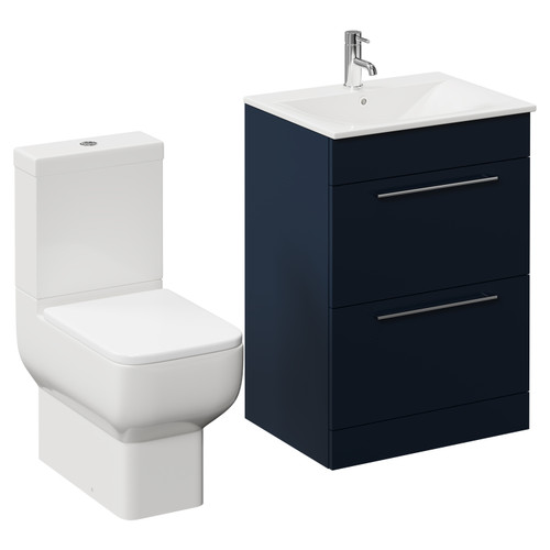Napoli Deep Blue 600mm Vanity Unit and Toilet Suite including Tacoma Close Coupled Toilet and Floor Standing Vanity Unit with 2 Drawers and Chrome Handles Left Hand View
