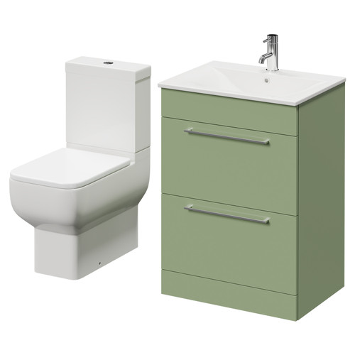 Napoli Olive Green 600mm Vanity Unit and Toilet Suite including Tacoma Close Coupled Toilet and Floor Standing Vanity Unit with 2 Drawers and Chrome Handles Right Hand View