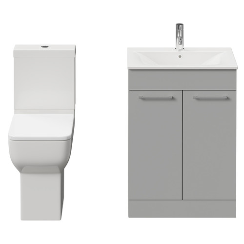 Napoli Gloss Grey Pearl 600mm Vanity Unit and Toilet Suite including Tacoma Comfort Height Toilet and Floor Standing Vanity Unit with 2 Doors and Chrome Handles View from Front