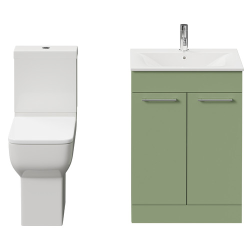 Napoli Olive Green 600mm Vanity Unit and Toilet Suite including Tacoma Comfort Height Toilet and Floor Standing Vanity Unit with 2 Doors and Chrome Handles View from Front