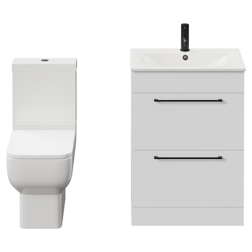 Napoli Gloss White 600mm Vanity Unit and Toilet Suite including Tacoma Close Coupled Toilet and Floor Standing Vanity Unit with 2 Drawers and Matt Black Handles View from Front